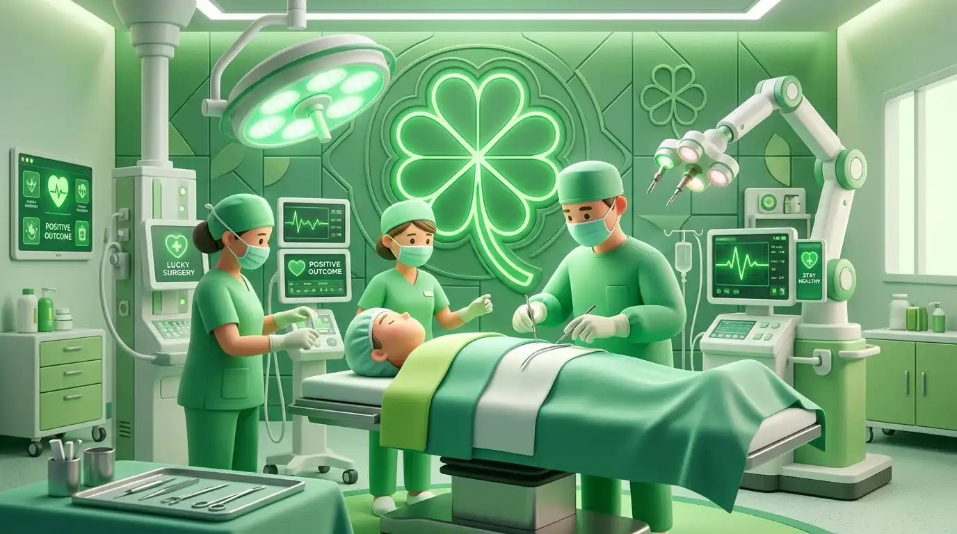 3D illustration of a modern operating room with surgical equipment, clinical green tones, and a large glowing four-leaf clover design on the back wall