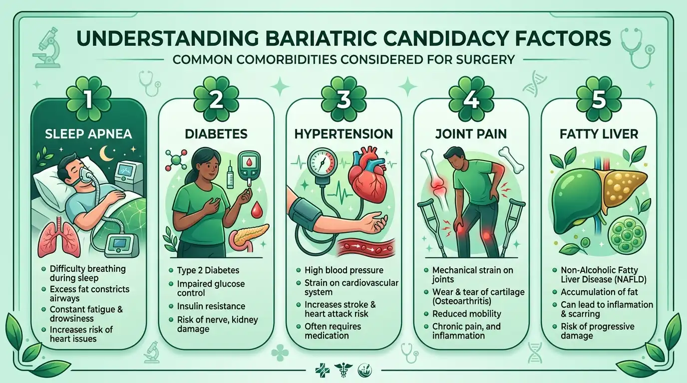 Medical infographic explaining bariatric candidacy comorbidities including sleep apnea, diabetes, hypertension, joint pain, and fatty liver with green clover symbols