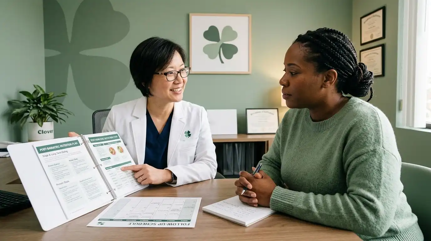 Doctor discussing long-term nutrition plan and lifestyle commitment with a bariatric patient in a green consultation room with four-leaf clover artwork
