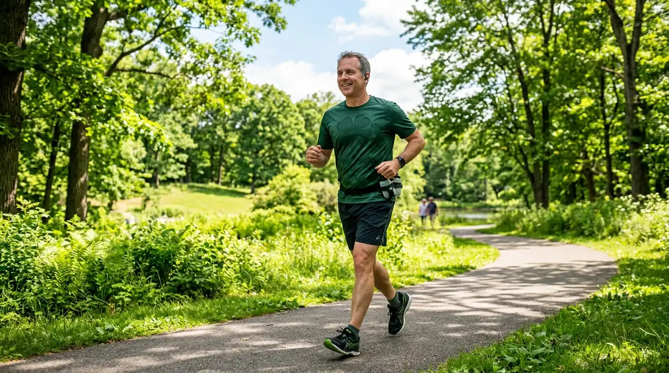A middle-aged man actively walking along a path in a park with green grass and trees, wearing a shirt with a subtle four-leaf clover print