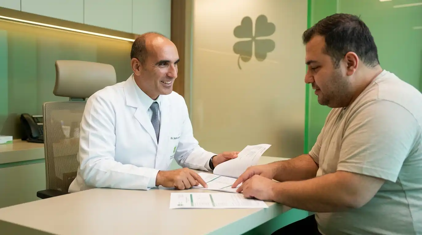 A medical specialist discussing bariatric surgery eligibility criteria with a patient in a green consulting office with a four-leaf clover symbol