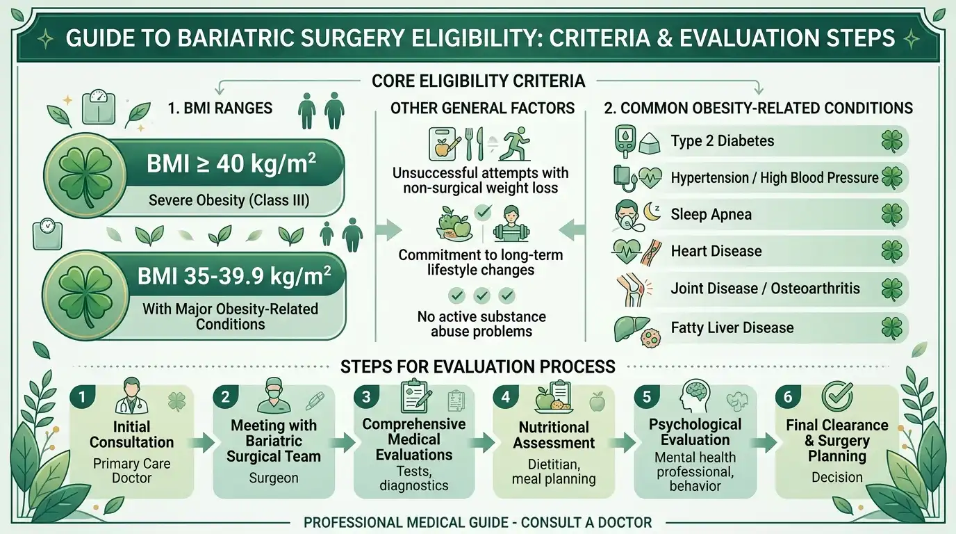 Bariatric surgery eligibility infographic showing BMI ranges, obesity-related conditions, and evaluation steps in green tones with four-leaf clover accents