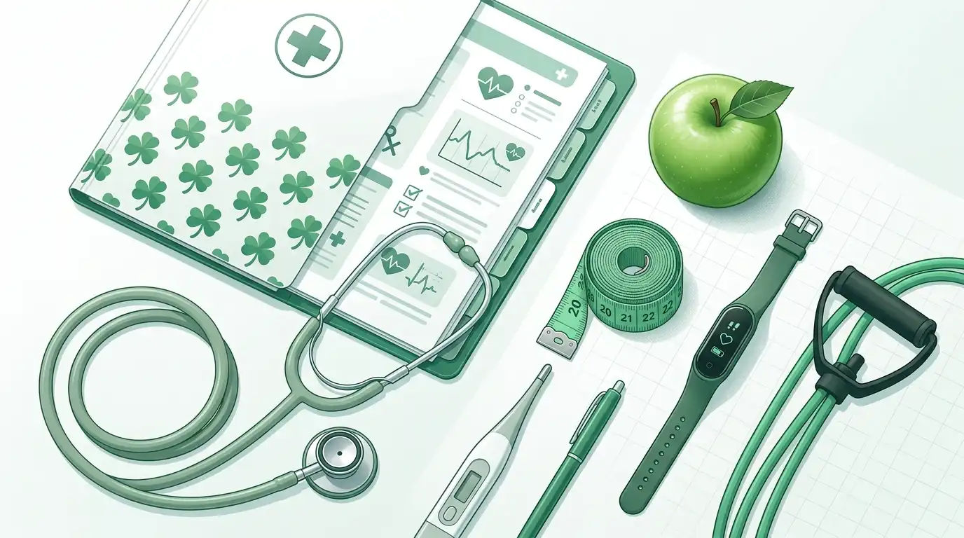 Flat lay illustration showing fitness equipment, green measuring tape, resistance band, apple, stethoscope, and medical records with four-leaf clover patterns