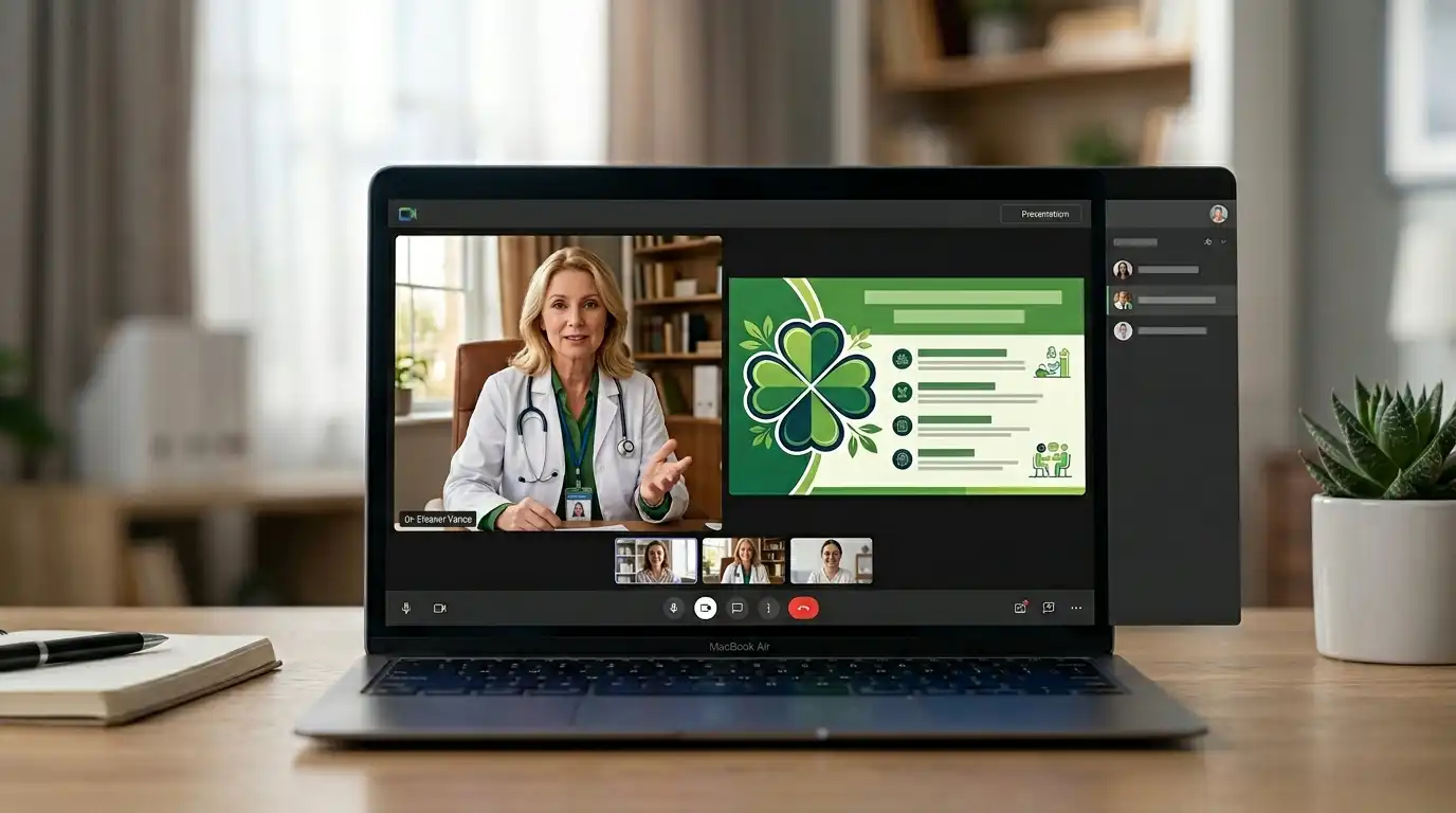 An online follow-up medical consultation showing a doctor presenting long-term bariatric care guidelines with a green clover design on the screen