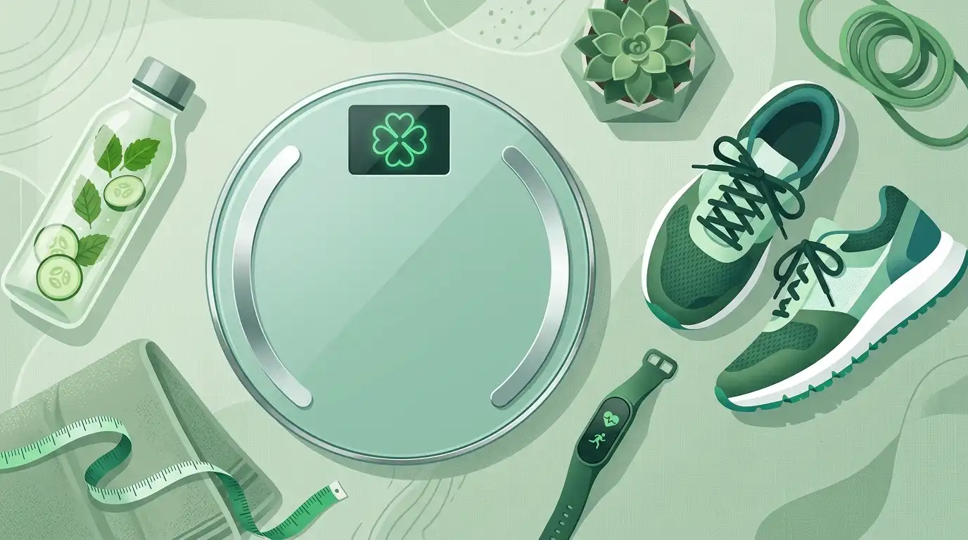 A flat lay illustration of a smart bathroom scale displaying a green four-leaf clover, surrounded by running shoes, a fitness tracker, and a measuring tape