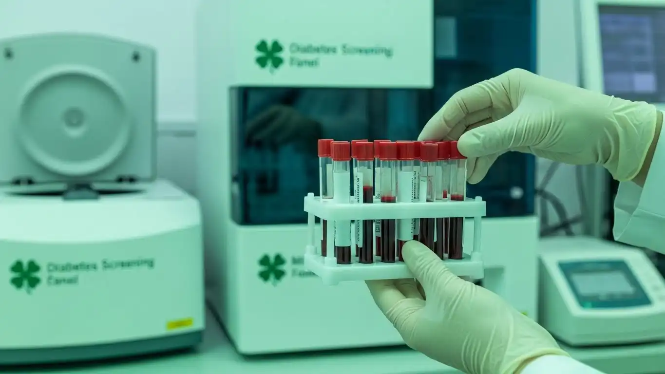 Medical laboratory professional holding blood test tubes for diabetes screening panel with four-leaf clover logo on laboratory equipment in green themed setting