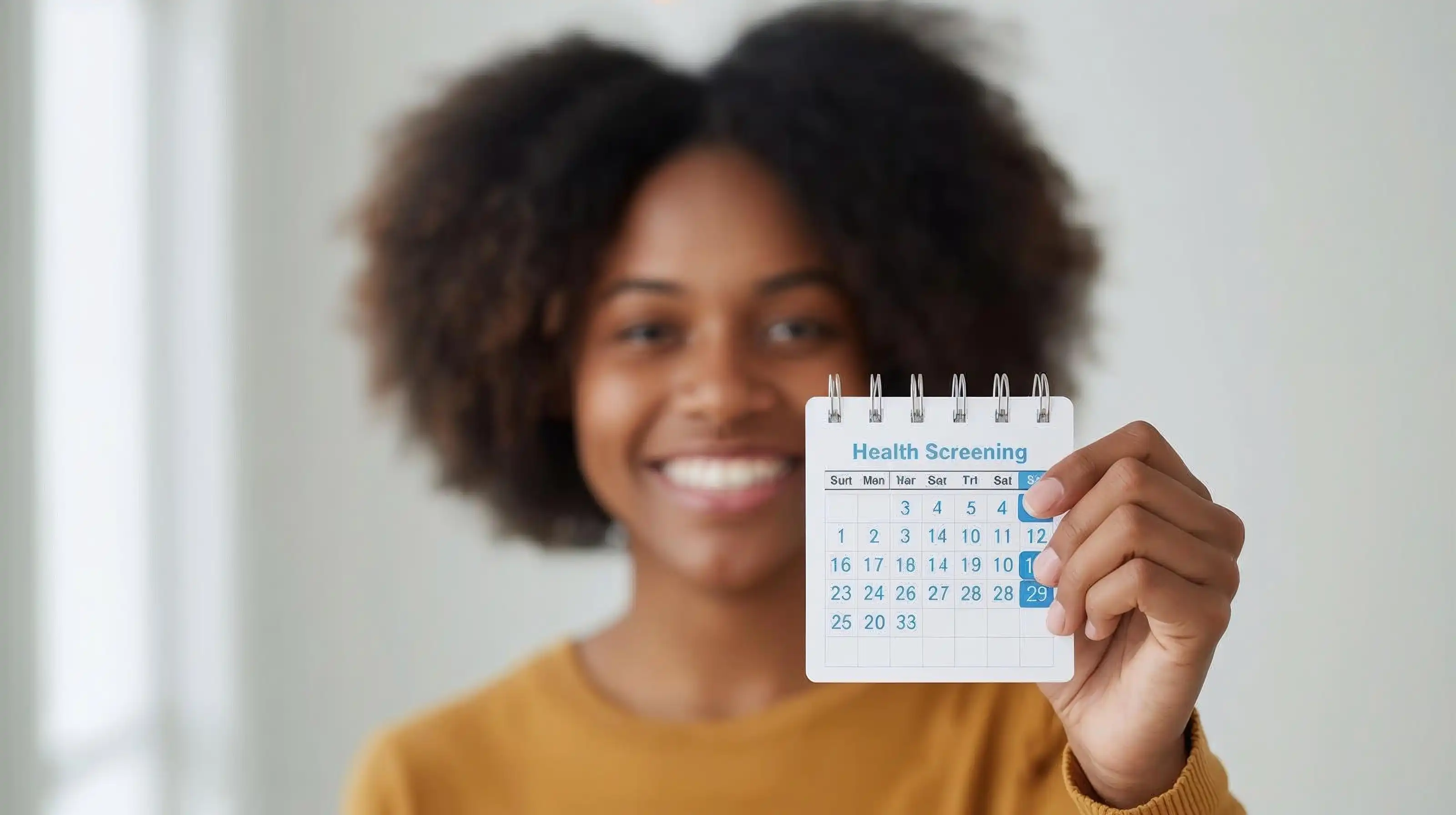 Cheerful person holding a calendar with a marked screening date, simple background, encouraging regular health checkups