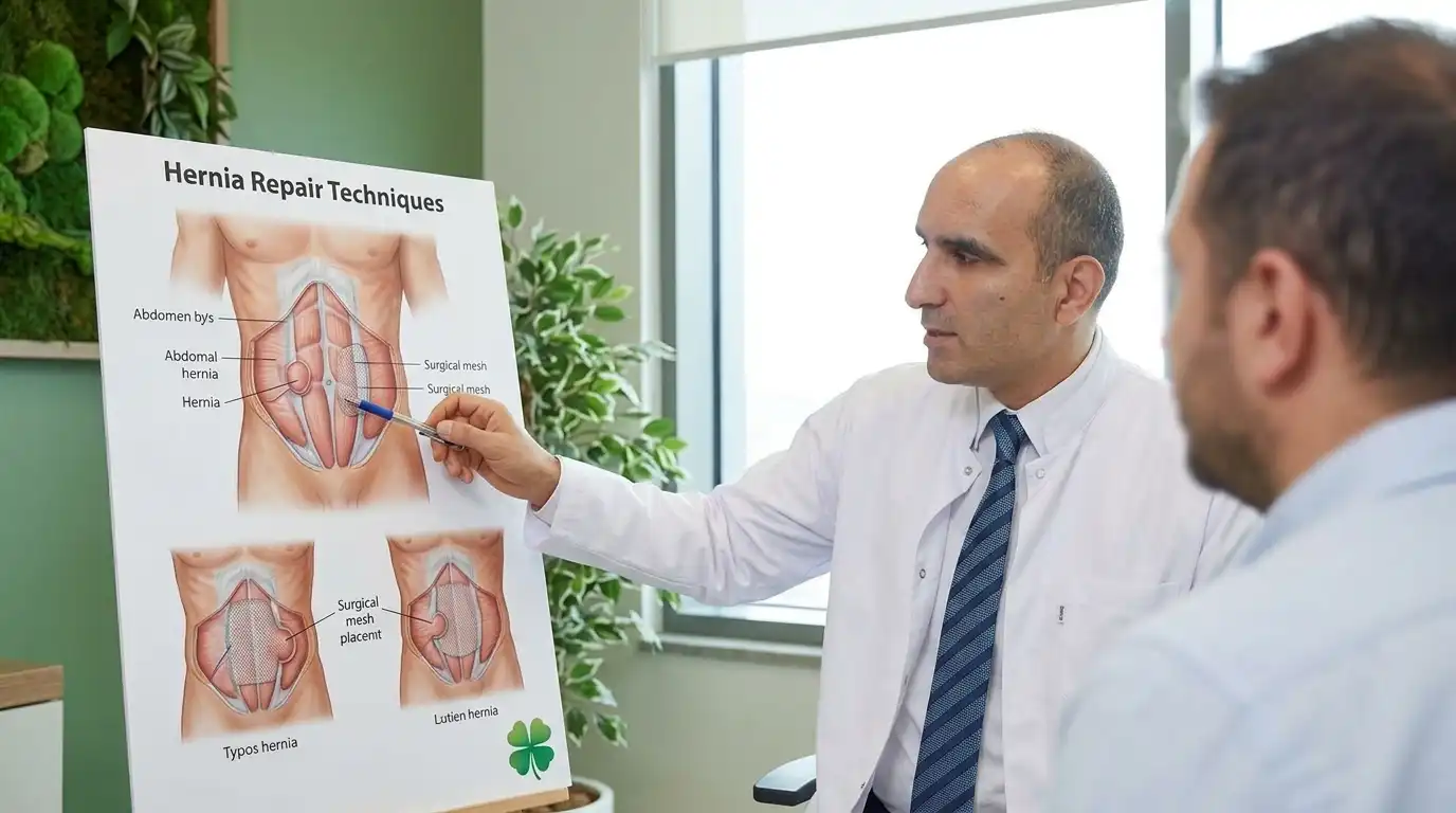 An experienced specialist doctor pointing at a Hernia Repair Techniques abdomen anatomy chart during a patient consultation with a green four-leaf clover motif