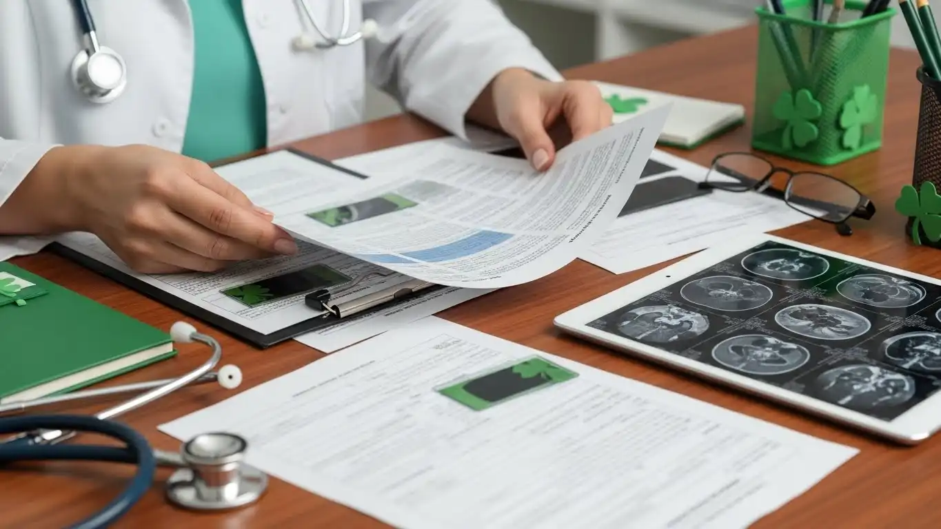 Doctor consulting with mature female patient about second medical opinion in modern hospital office with green accents and four-leaf clover artwork on wall, reviewing brain CT scans on computer screen