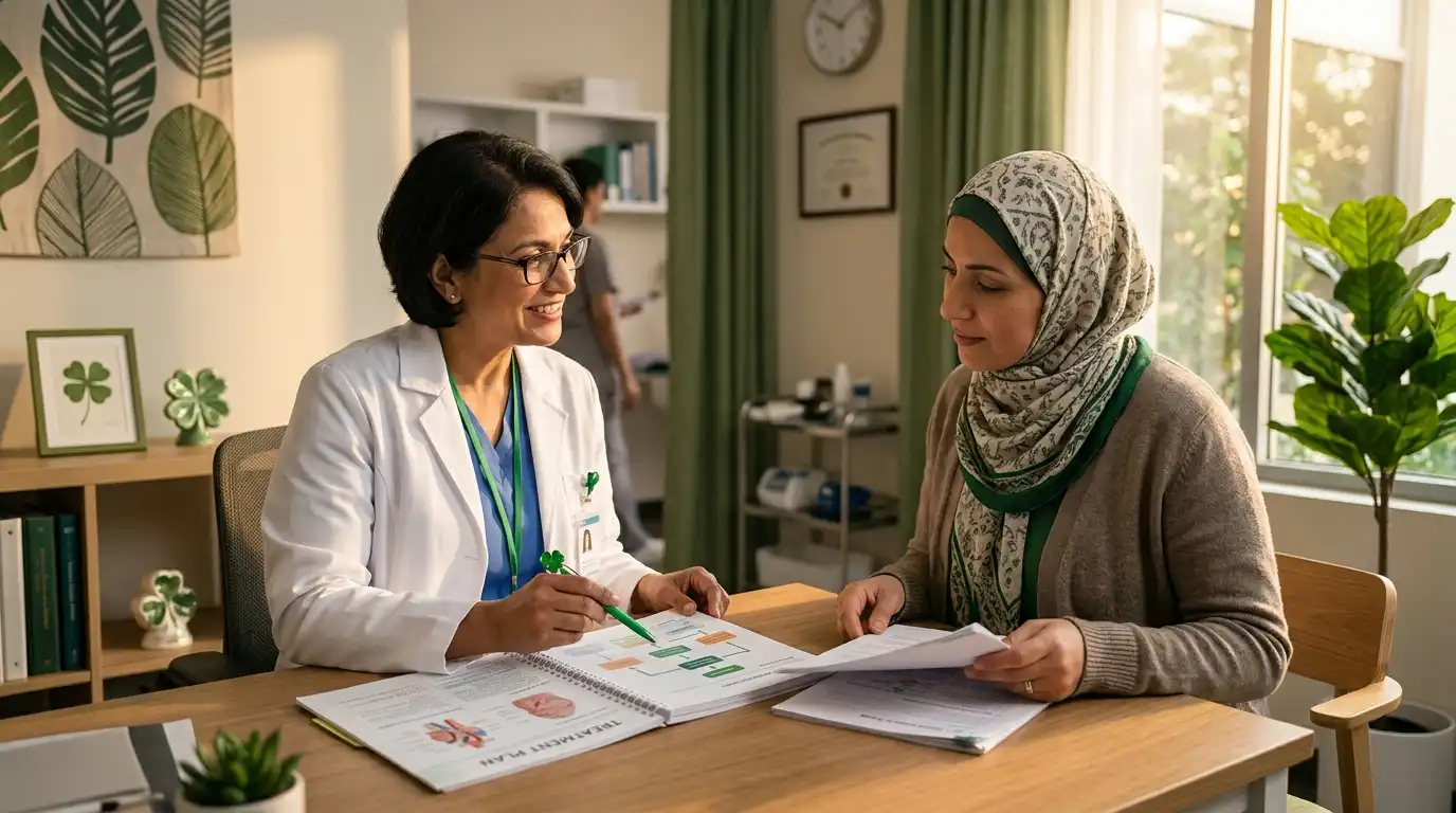 Doctor reviewing a surgery treatment plan with an international patient in a green-themed consultation room with subtle four-leaf clover decor