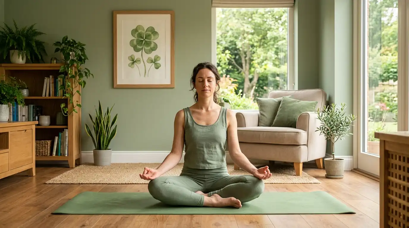 A woman sitting in a mindful yoga meditation pose on a green mat in a sunny living room with a green four-leaf clover painting on the wall