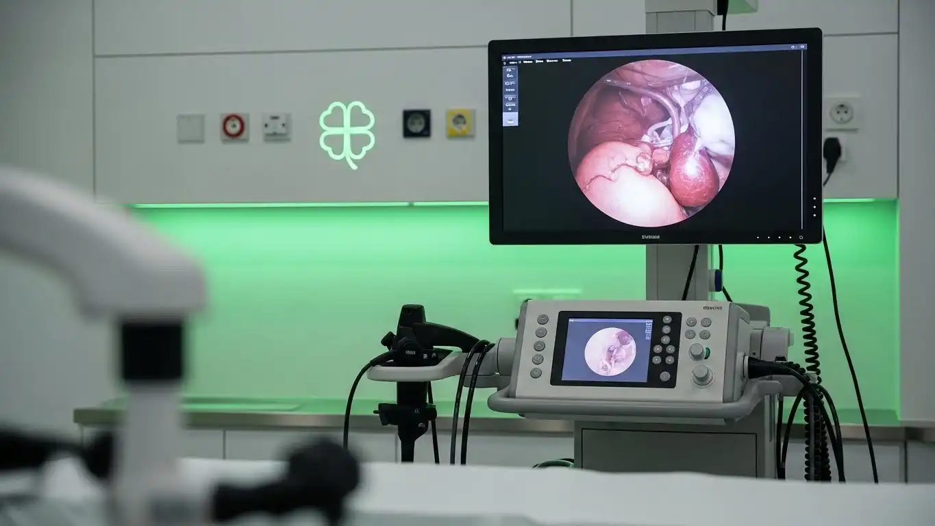Modern endoscopy equipment with monitor displaying procedure in clinical room with green LED lighting and four-leaf clover logo on wall