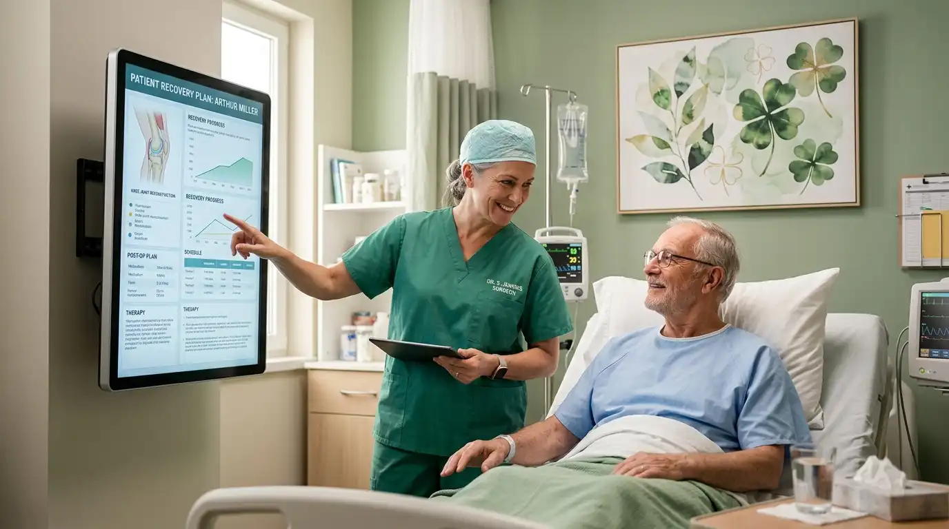 A female surgeon in green scrubs explaining a clinical recovery plan on a digital display to a male patient, with a four-leaf clover watercolor painting on the wall
