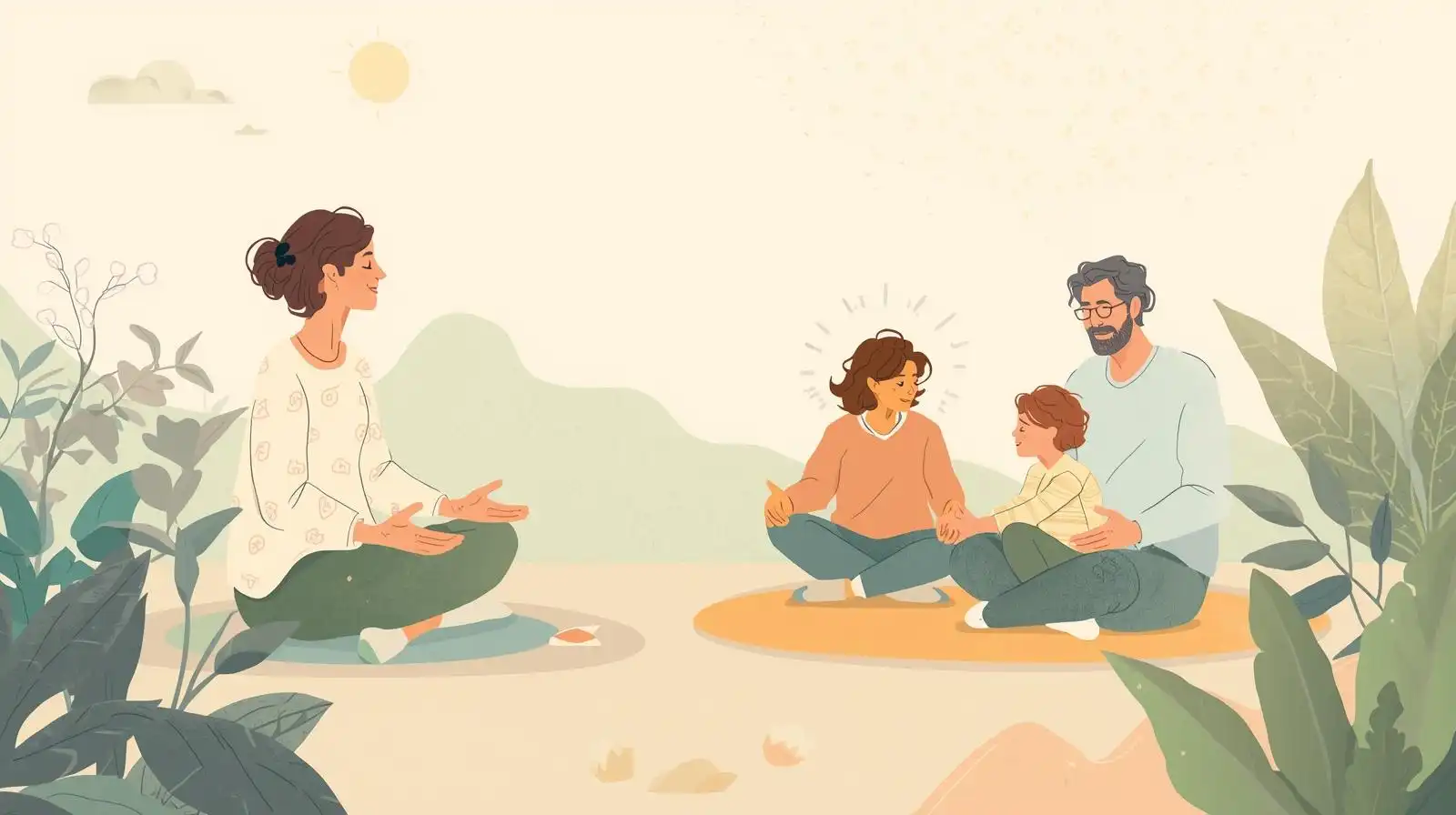 Peaceful family meditation and quiet conversation promoting emotional wellness