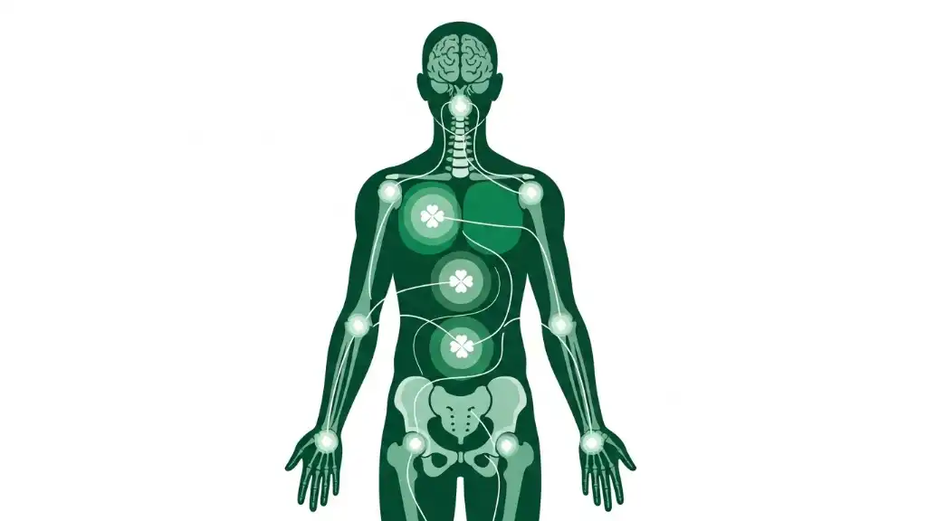 Medical illustration of human body silhouette showing MRI scan areas including brain, spine, chest, abdomen and joints with four-leaf clover symbols marking key regions on green background