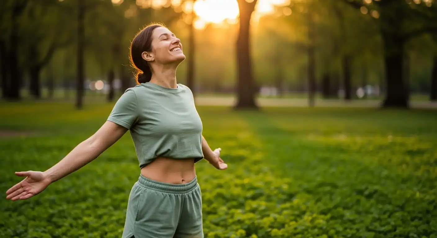 Happy woman enjoying active life outdoors in a park after successful gallbladder recovery