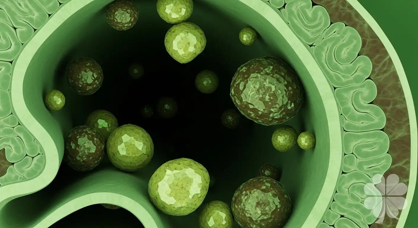 Close-up cross-section of a gallbladder showing gallstones inside with detailed texture
