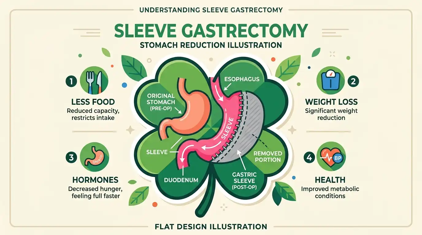 Gastric sleeve surgery procedure diagram showing stomach reduction