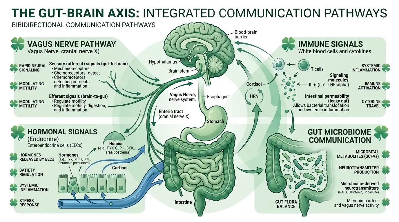 Medical infographic showing gut-brain axis communication pathways including the vagus nerve, hormones, immune signals, and gut microbiome in green tones with clover icons