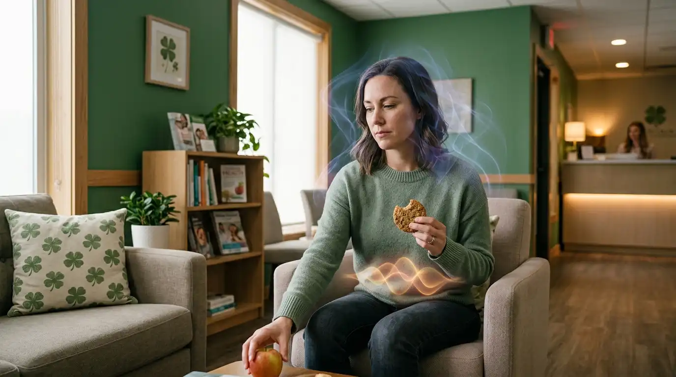 Woman experiencing cravings and emotional eating while gut-brain signals are visualized in a green clinic-style setting with four-leaf clover accents