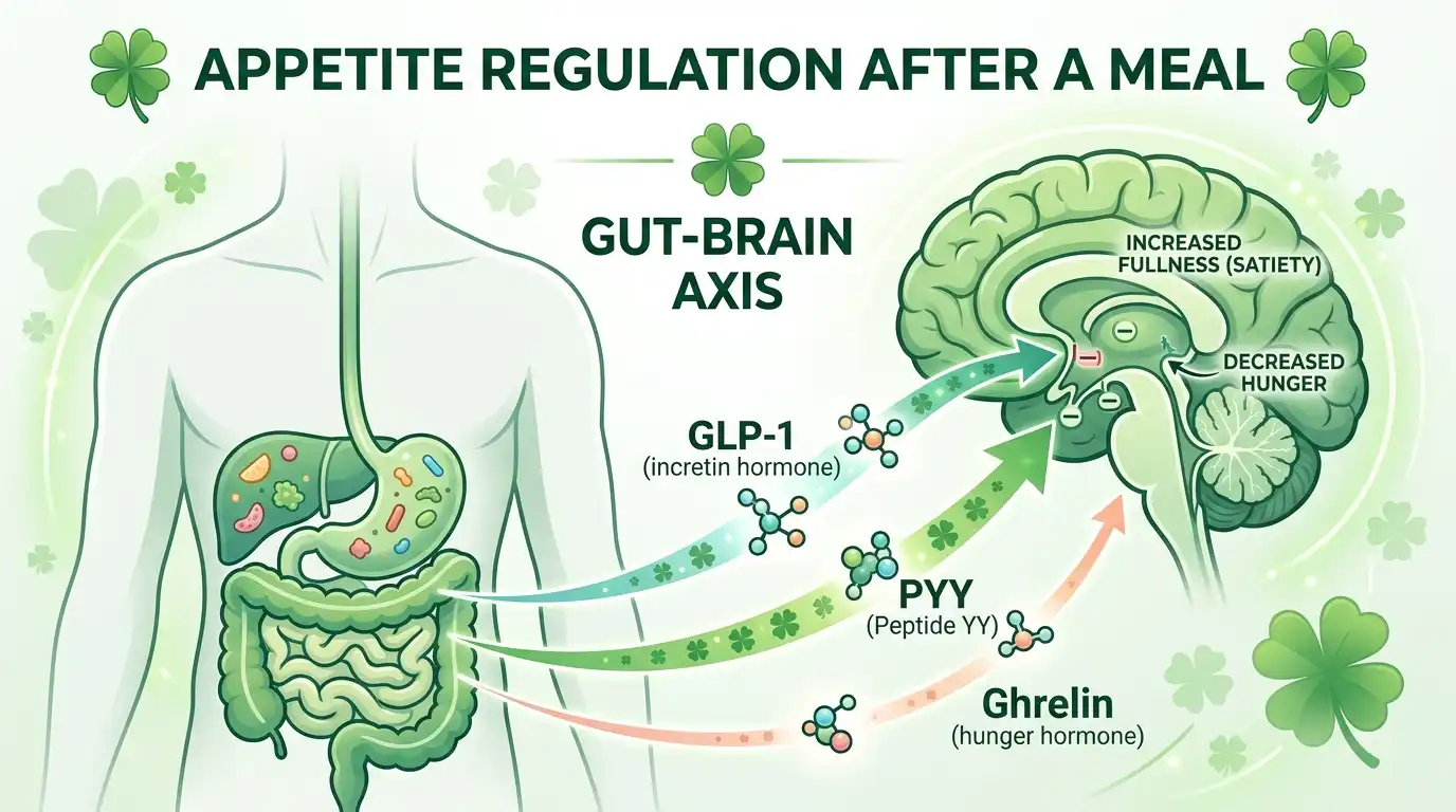 Gut hormones GLP-1, peptide YY, and ghrelin signaling from the digestive system to the brain after a meal in a green clover-themed diagram