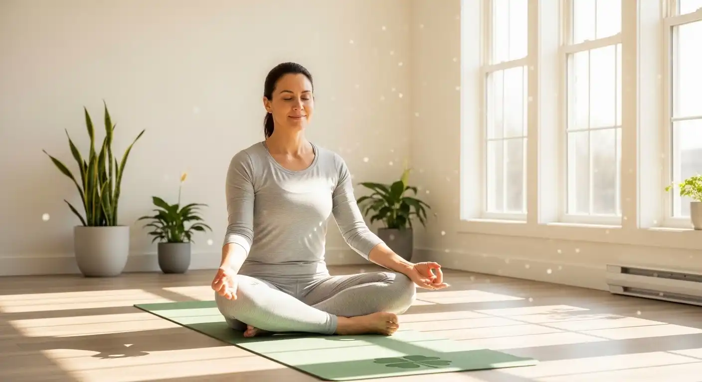 A woman practicing gentle yoga and meditation on a sage green mat featuring a subtle four-leaf clover pattern. The bright, airy studio with soft sunlight pouring in creates a peaceful and healing atmosphere for cancer survivors to regain strength.