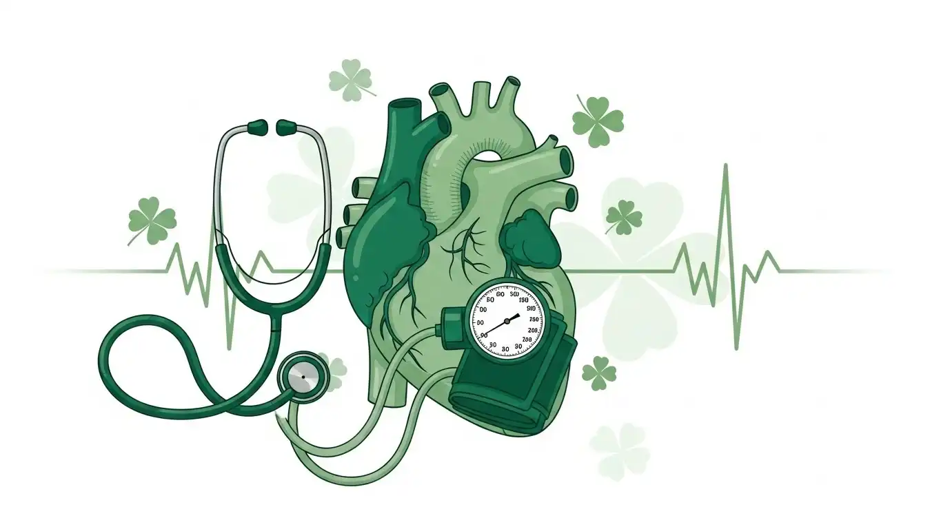 Anatomical heart illustration with stethoscope, blood pressure monitor and ECG heartbeat line on green background with four-leaf clover symbols representing cardiovascular health screening