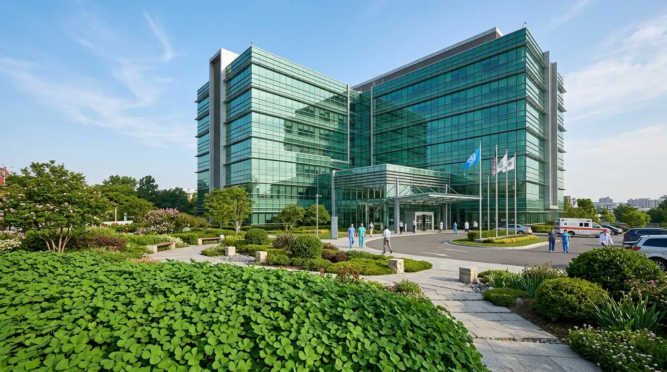 Modern hospital exterior with green glass architecture and a landscaped four-leaf clover garden representing trusted international healthcare standards