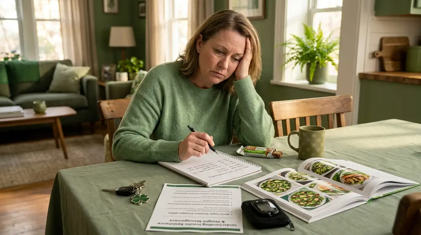 Woman struggling with hunger and food planning at home while managing insulin resistance in a green setting with subtle four-leaf clover details