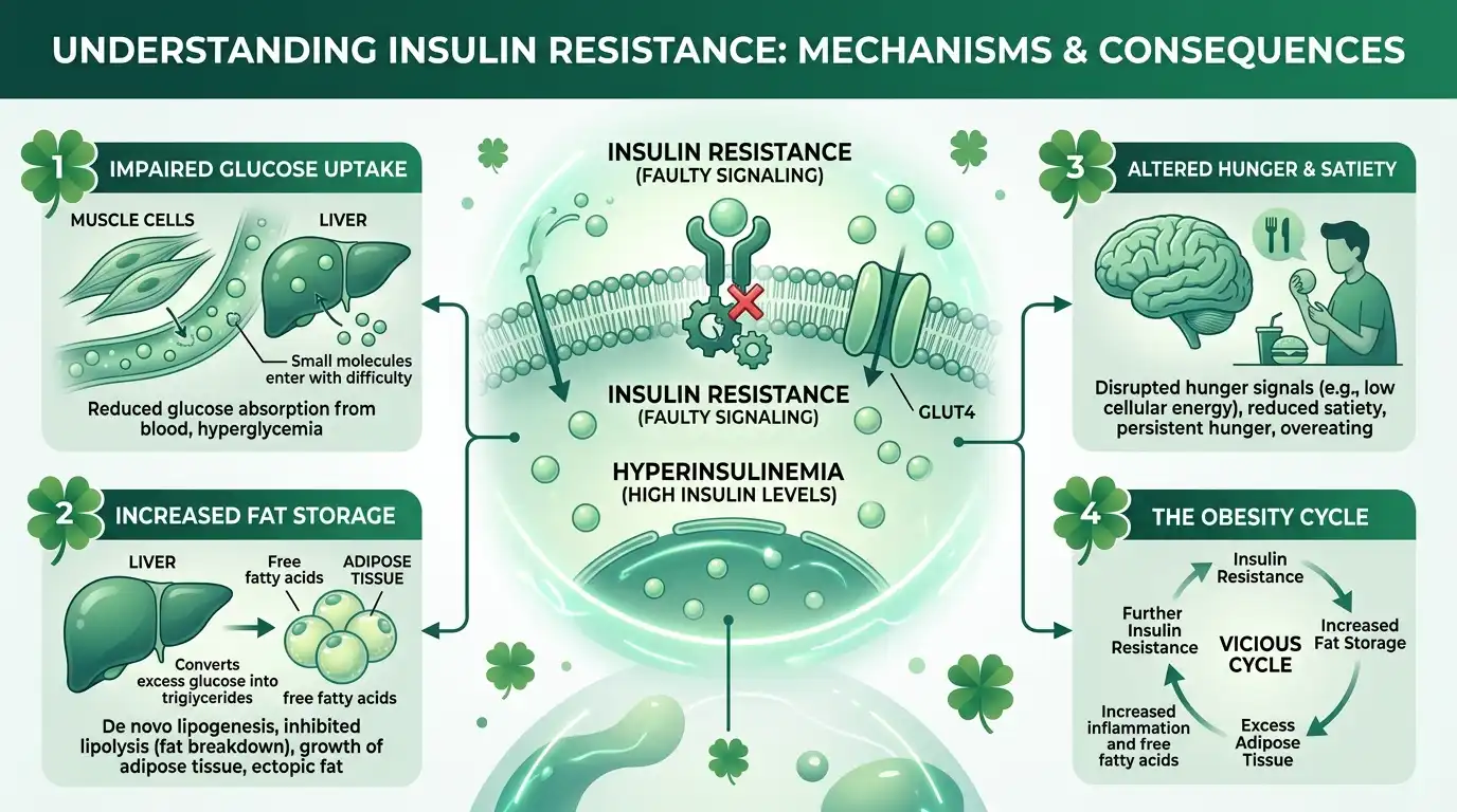 Medical infographic explaining insulin resistance mechanisms, glucose uptake changes, hyperinsulinemia, hunger signals, and the obesity cycle with green clover accents