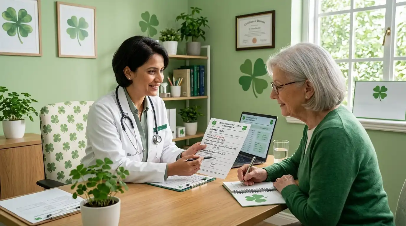 Doctor conducting a structured insulin resistance evaluation with a female patient, lab report, and green four-leaf clover details in the clinic