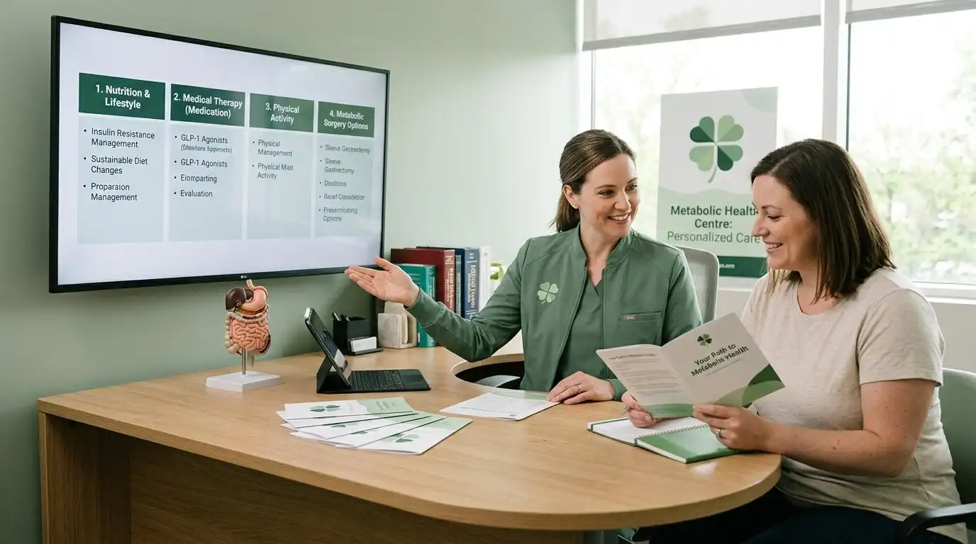 Doctor and patient discussing insulin resistance treatment options including nutrition, medication, activity, and metabolic surgery in a green clinic