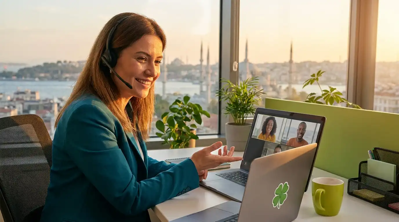 International patient coordinator discussing treatment details in a remote video call setting with green accents and a four-leaf clover motif