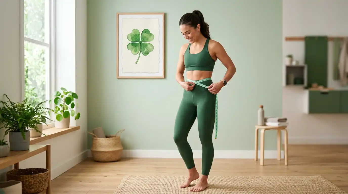 A fit woman wearing green sportswear measuring her waist with a tape in a bright room with a green clover wall painting
