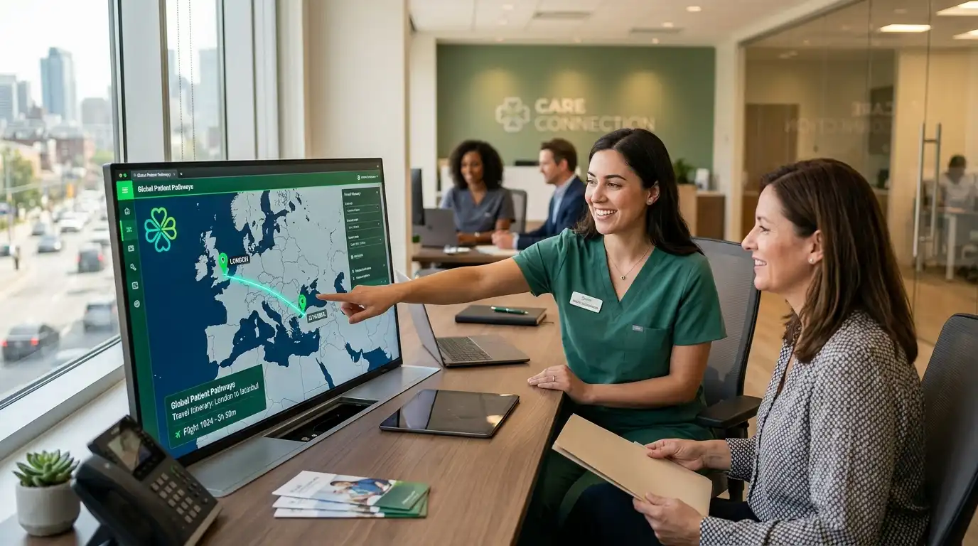 A medical coordinator in green scrubs pointing at a digital screen showing a travel map with London and Istanbul connected by a line and a green clover logo
