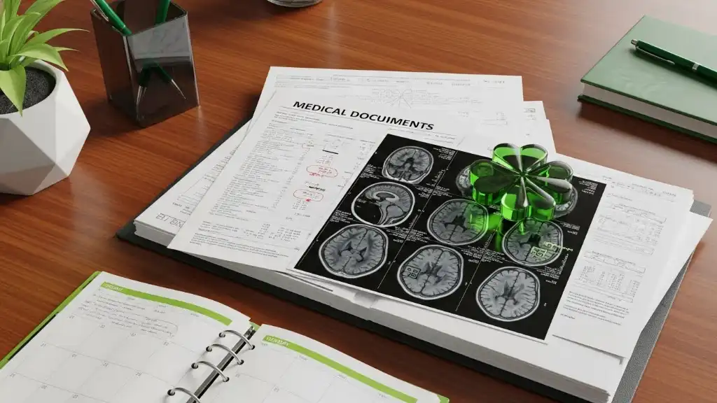 Medical reports, imaging scans, and consultation documents arranged on a desk with green accents and a four-leaf clover motif