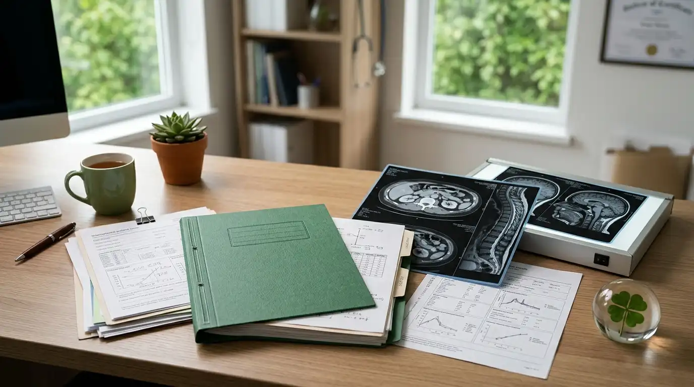 Medical reports, imaging scans, and evaluation documents arranged on a consultation desk with green accents and a four-leaf clover detail