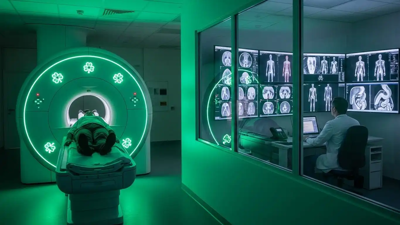 Doctor examining patient in peaceful green medical examination room with four-leaf clover decorative posters on wall, natural sunlight creating calming atmosphere