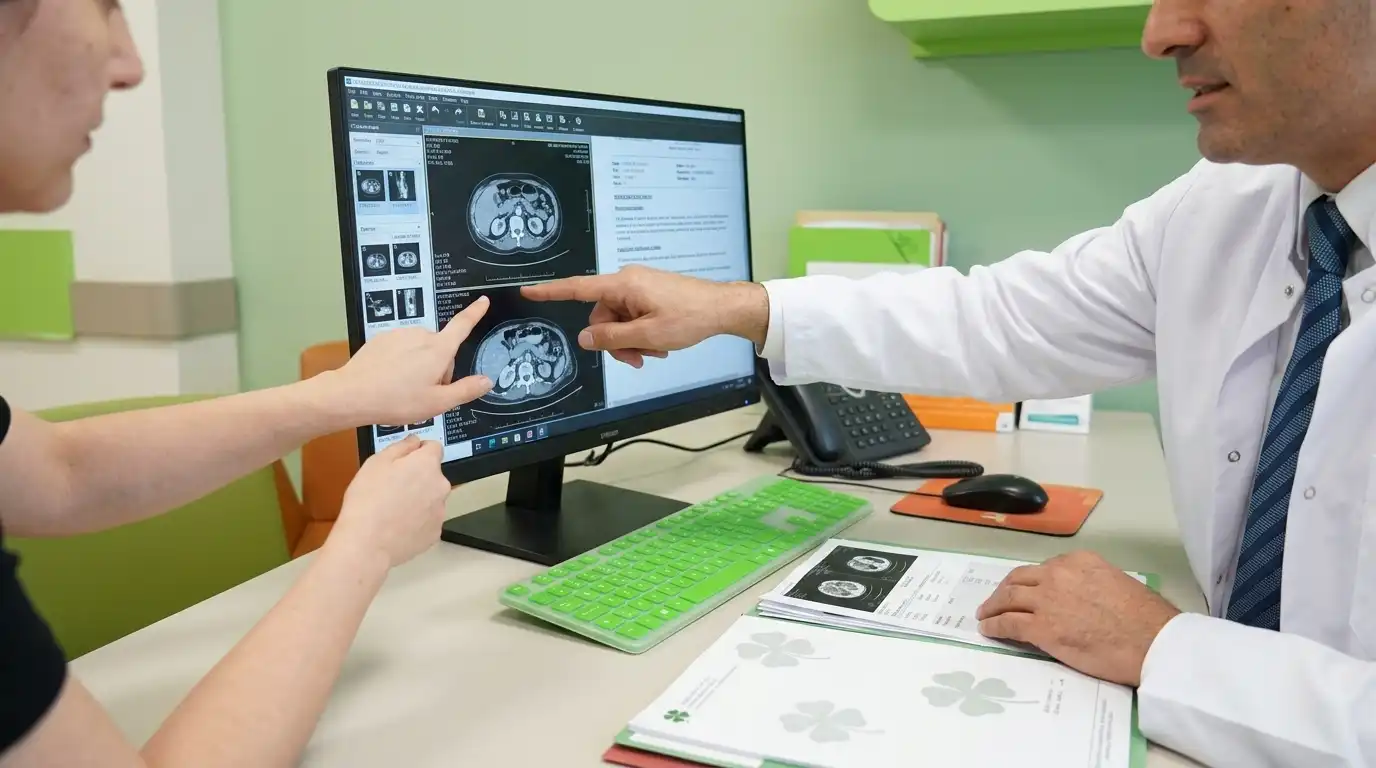 Doctor and patient pointing to medical scan reports on a desktop screen with a bright green keyboard and four-leaf clover watermarked papers on the desk