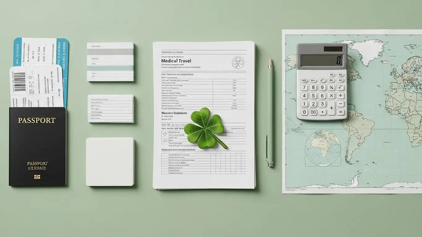 Medical travel planning documents, passport, and trip preparation items on a desk with green tones and a four-leaf clover decoration