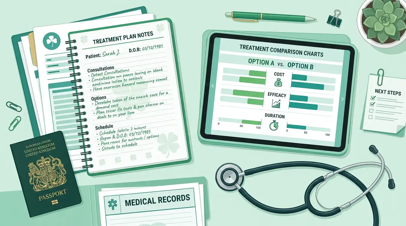 A green-themed flat lay of medical planning documents, a passport, a stethoscope, and a tablet displaying treatment comparison charts with four-leaf clover symbols