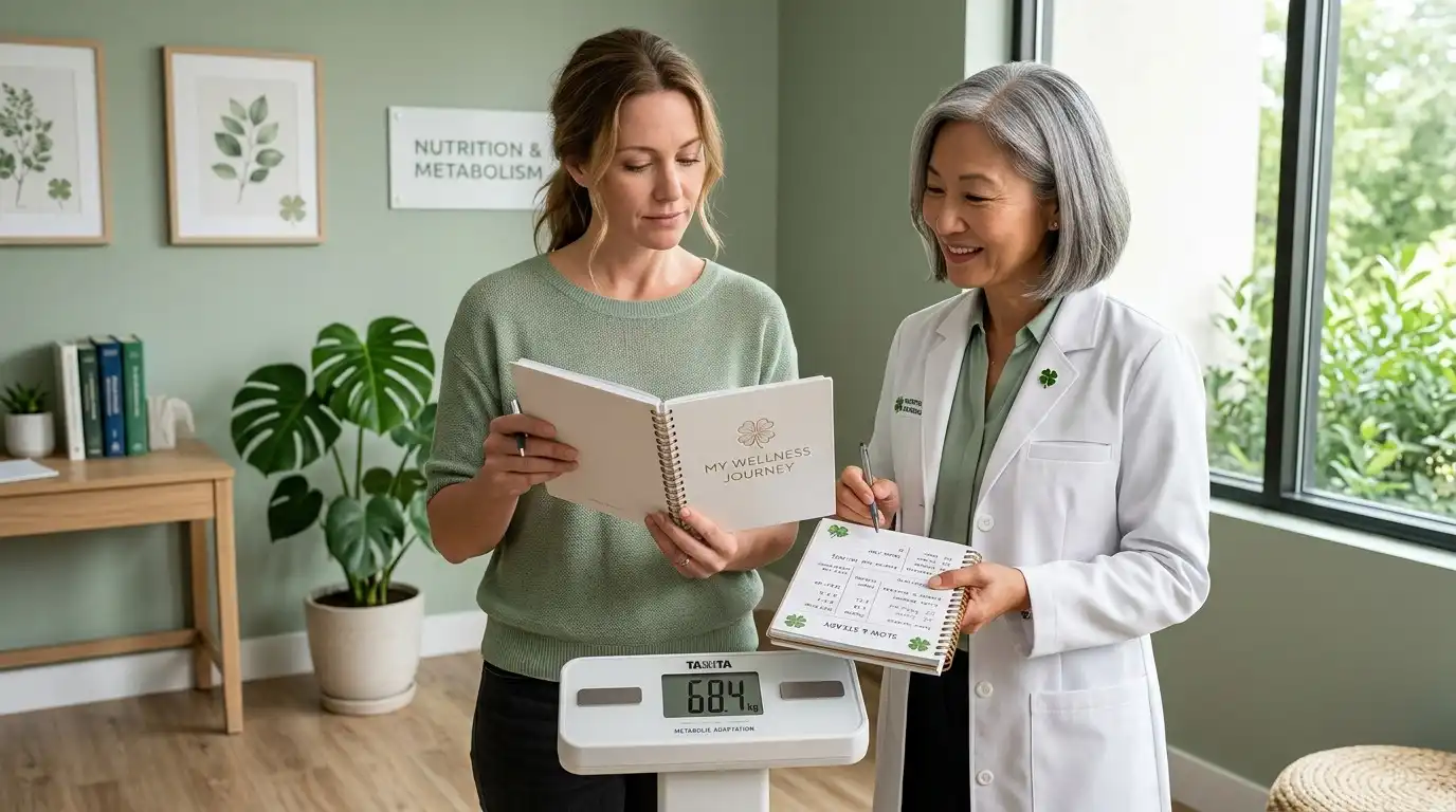 Patient discussing a wellness journal and metabolic adaptation follow-up with a doctor in a light green clinic featuring subtle four-leaf clover motifs