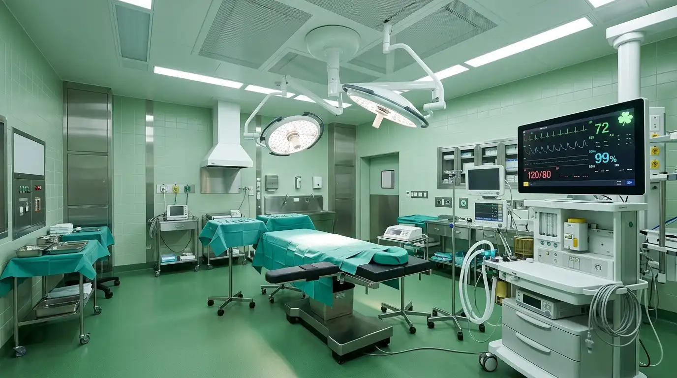 A clean, modern sterile operating room with medical equipment, green surgical cloths, and a monitor displaying a green four-leaf clover
