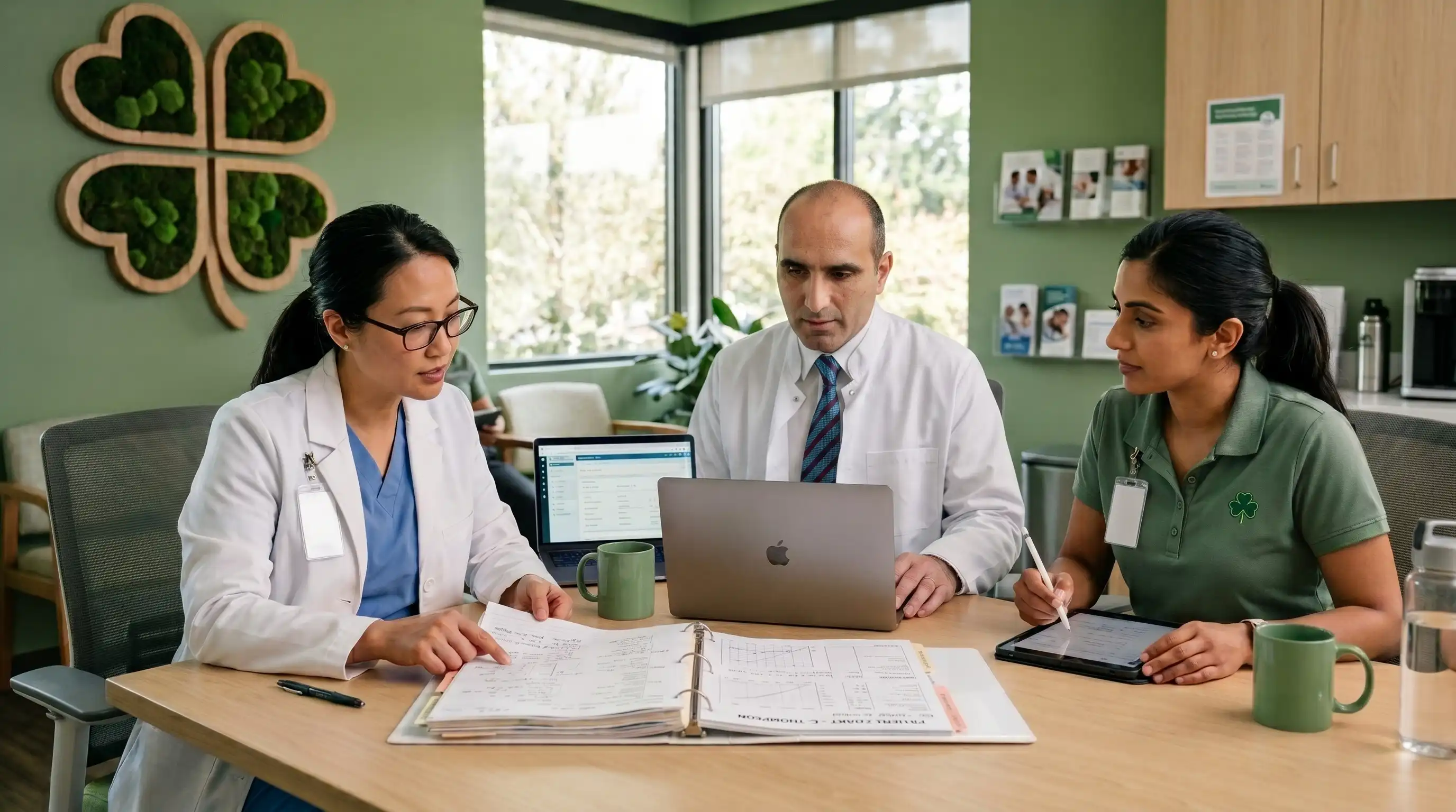Multidisciplinary medical team reviewing a patient&rsquo;s treatment plan together in a green clinic office with a large wooden four-leaf clover wall decoration