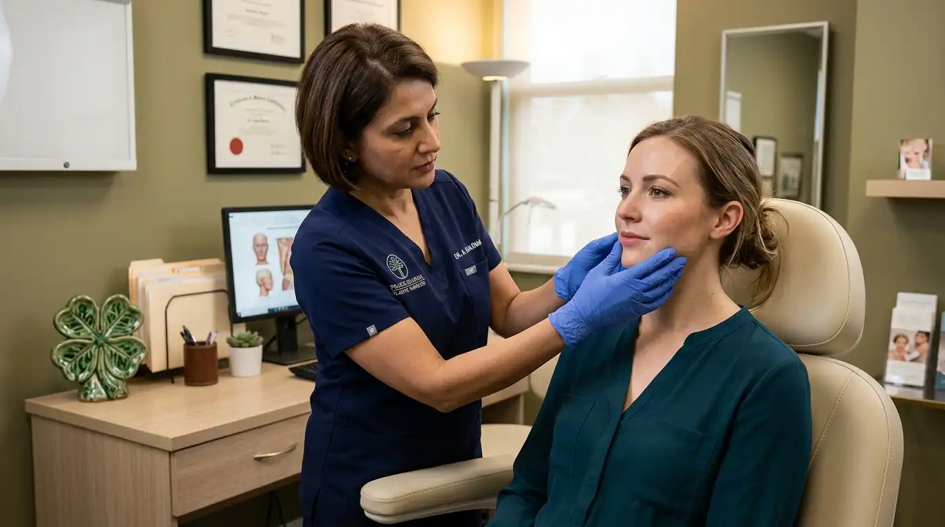Female plastic surgeon in navy scrubs gently examining a young woman’s jaw and face in a consultation room with green clover decoration and medical diplomas on the wall