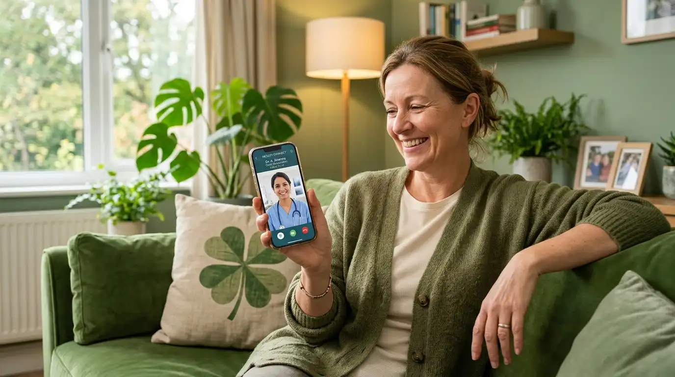 Patient receiving postoperative recovery guidance through an online consultation with a green-themed medical support background and four-leaf clover detail