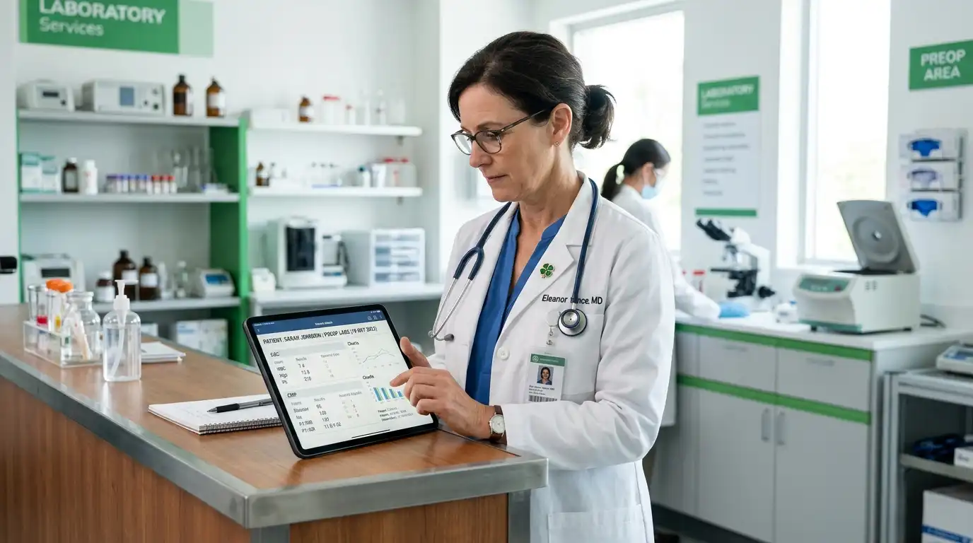 Preoperative medical evaluation with doctor reviewing test results