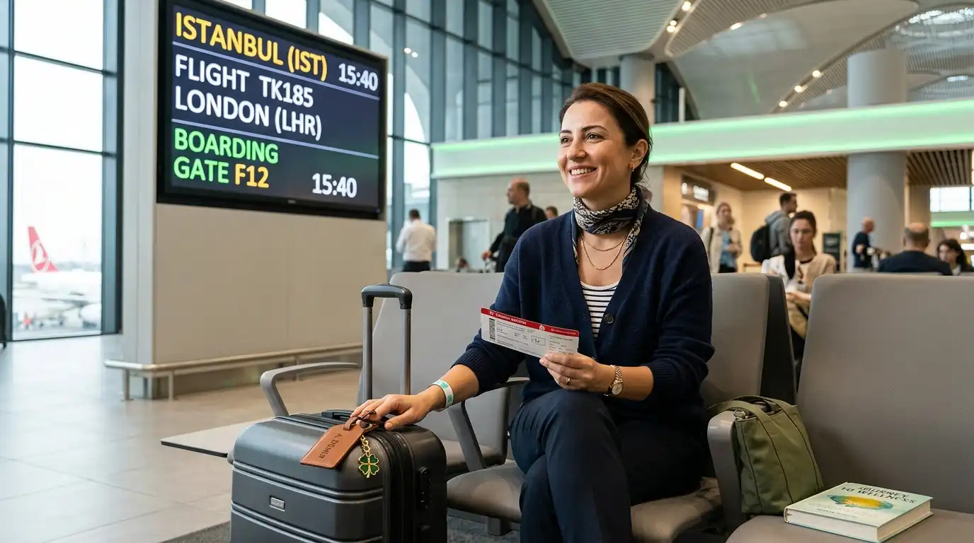Recovered female patient sitting relaxed at Istanbul Airport IST terminal holding a Turkish Airlines boarding pass, luggage with a four-leaf clover tag, flight board showing Istanbul to London departure