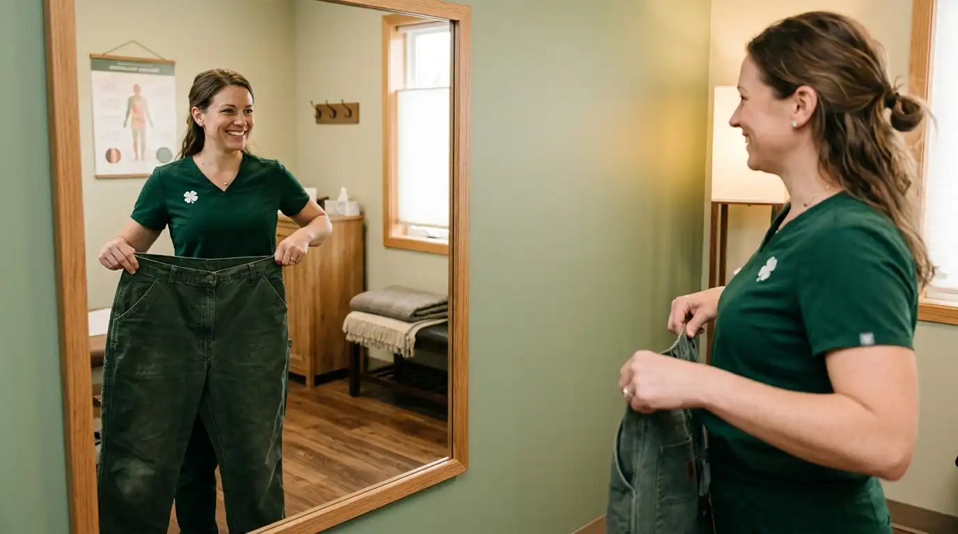 A smiling woman in green medical scrubs holding up a pair of old oversized pants in the mirror after successful weight loss