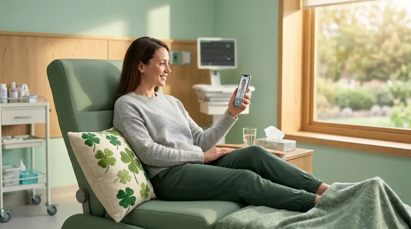 A woman relaxing in a green hospital recliner while holding a smartphone for a follow-up consultation with her surgeon next to a green clover pillow